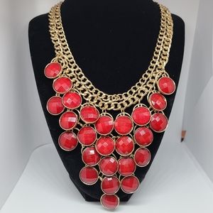 Statement Necklace Multi Red Circles Gold Tone Costume Bib